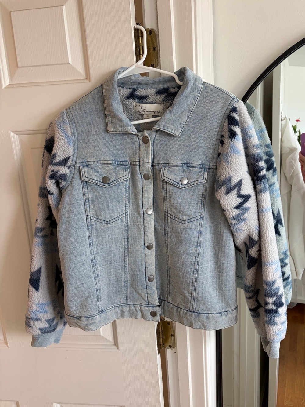 Vintage Havana Light Wash Denim Jacket with Aztec Sherpa Sleeves